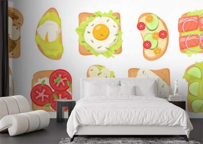 Toasts with various toppings vector illustrations set. Collection of bread slices with eggs, lettuce, vegetables, fish isolated on white background. Food, breakfast or lunch concept Wall mural