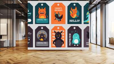 Trendy tags design with funny monsters. Bright creepy elements or creatures with greeting text and beasts. Celebration and Halloween concept. Template for greeting labels or invitation card Wall mural