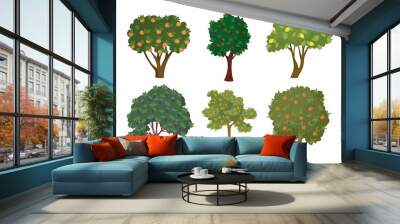 Various fruit trees with ripe fruits cartoon illustration set. Cherry, lemon, orange, apple, tangerine sweet woods or bushes. Garden or orchard plants during fruit ripening. Nature, food concept Wall mural