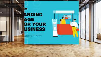 Visitors coming to exhibition in business center. Men and women at trade show flat vector illustration. Business marketing or presentation concept for banner, website design or landing web page Wall mural