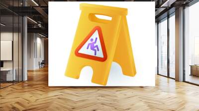 Yellow slippery floor surface sign 3D icon. Wet floor caution or warning, sign with falling person 3D vector illustration on white background. Safety, prevention, danger, maintenance concept Wall mural