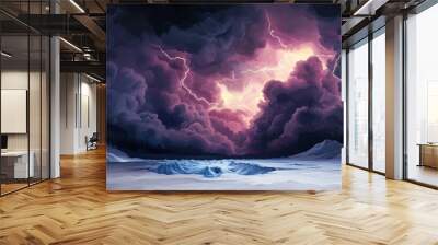 A dramatic storm scene featuring dark clouds and vibrant lightning over a frozen landscape, creating a surreal atmosphere. Wall mural