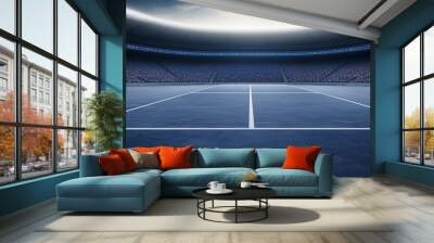 A dramatic view of an empty tennis court under stadium lights, ideal for sports-related themes and events. Wall mural