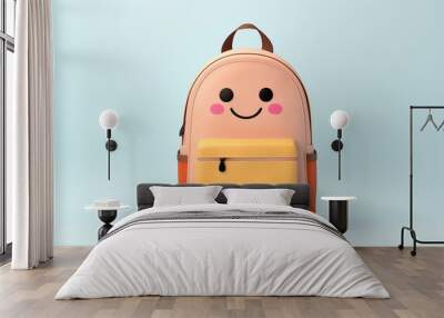 Cute and colorful backpack with a smiling face design, perfect for kids and stylish school accessories on a light blue background. Wall mural