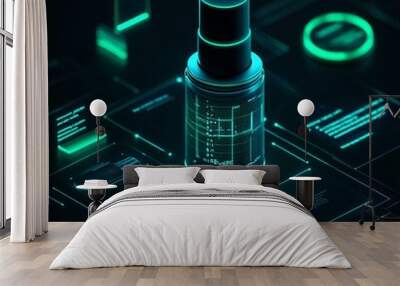 Futuristic skincare bottle surrounded by glowing data and holograms, representing innovation in beauty technology. Wall mural