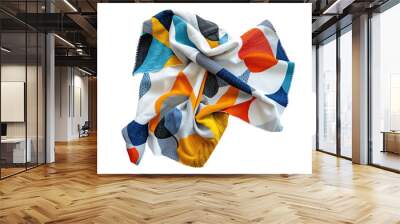 Vibrant multicolored fabric with abstract geometric pattern, showcasing blue, orange, and yellow hues, perfect for design and fashion projects. Wall mural