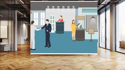 People at the exhibition business flat style vector illustration. Holding events. Presentation of business ideas in the gallery. Visitors of exhibition.
 Wall mural