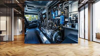 A view of the engine compartment of a hydrogen truck, demonstrating innovative clean energy propulsion technology in the transportation industry.