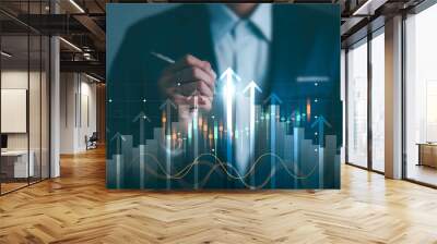 Business development to success and growth of banking and financial on global network. Financial graph. Stock market chart. Businessman pointing arrow graph corporate future growth plan. Wall mural