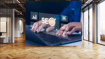 Business professionals harness SEO tools. Boosting visibility, dominating search engine rankings through strategic optimization techniques, digital marketing efforts for greater success. Wall mural