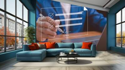 Electronic Signature Concept, Electronic Signing signs electronic documents on digital documents on virtual laptop screen using stylus pen. E-signature concept. Future business contract signing. Wall mural