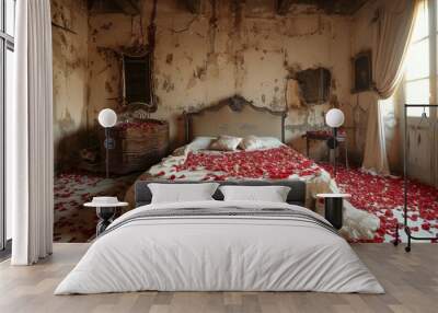 Indulge in vintage bedroom bliss with cascading rose petals, creating a romantic retreat, Ai Generated. Wall mural