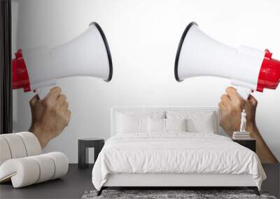 male hand holding a megaphone on a white background with clipping path Wall mural