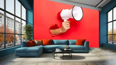 man hand holding a megaphone on red  background Wall mural