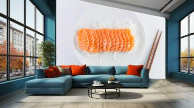 salmon sashimi, raw on a plate on a white background Wall mural