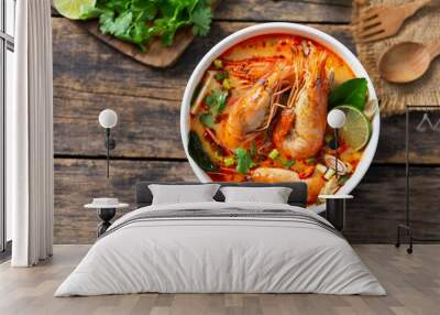 Tom Yam Kung ,Prawn and lemon soup with mushrooms, thai food in white bowl top view Wall mural