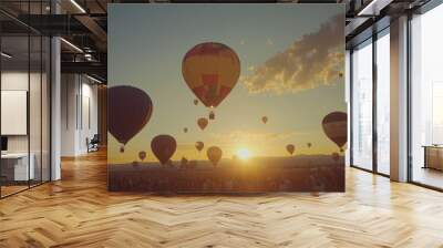 Albuquerque International Balloon Fiesta, the morning sky is filled with hundreds of colorful balloons in various shapes, the rising sun emits a warm light, Ai generated images Wall mural