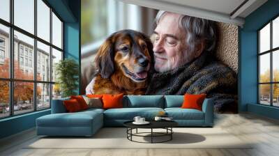 A disabled senior man in wheelchair indoors playing with a pet dog at home. , isolated on white background,  , free space text, copy space, copy space for text, Wall mural