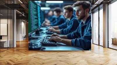 Cybersecurity concept of  Smart Male IT Programer Working on Desktop Computer Wall mural