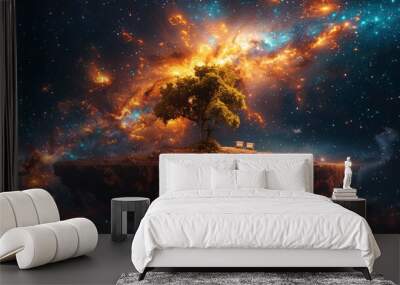 Floating Tropical Island Drifting Amidst the Boundless Cosmos with Starry Skies and Celestial Wonders Wall mural