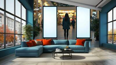 hyper realistic photo of  Digital screen panel stands inside a shopping center. Two rollup mockup poster stands.  , copy space for text, Wall mural