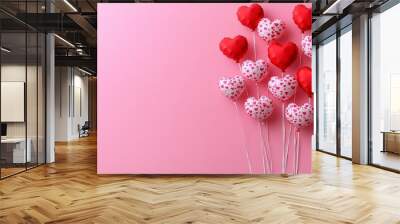 hyper realistic photo of  Valentine's day background with red and pink hearts like balloons on pink background, flat lay  , copy space, copy space for text, Wall mural