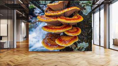 Red and Orange Mushroom Fungus growing on tree near stream  , isolated on white background,  , copy space for text, Wall mural