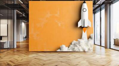 Successful Startup Launching Digital Rocket from Laptop in Flat Design Wall mural