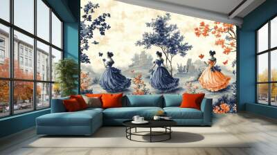 Whimsical Toile de Jouy Seamless Pattern with Playful Rococo Maidens in a Fantastical Landscape Wall mural