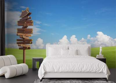 Wooden sign on the green field with blue sky Wall mural