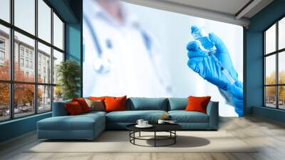 Doctor filling syringe with medication, covid-19 vaccine disease preparing for human clinical trials vaccination shot, medicine and drug concept. Concept fight against virus covid-19 corona virus. Wall mural