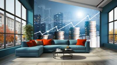 Financial investment concept, Double exposure of stack of coins and city for finance investor, Forex trading market candlestick chart, Cryptocurrency Digital economy. investing growing.economy trends Wall mural