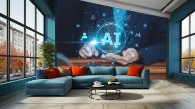 Businessman using AI in cybersecurity to detect and prevent potential threats, safeguarding company data and operations. Wall mural