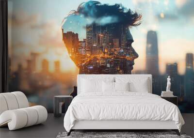 Double exposure Businessman utilizes 3D printing for on-demand production and local distribution in foreign markets. Wall mural