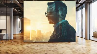 Double exposure Businessman utilizes 3D printing for on-demand production and local distribution in foreign markets. Wall mural