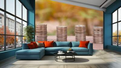 Growing Money Coins Stack Finance and Investment Concept Wood Background Wall mural