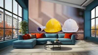 Hard hat construction background, yellow, white and red hard safety helmet hats for safety project of workman as engineering or project worker Wall mural