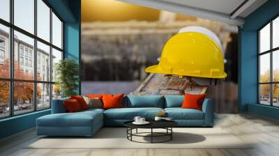 Hard hat helmet safety on site construction background Wall mural