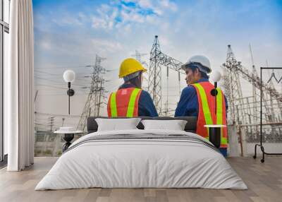 Two Engineer standing at power plant factory system Wall mural