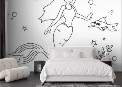 (Mermaid Coloring Page: 32) Cute mermaid with goldfishes, green grass, water bubbles on background, vector black and white coloring page. Wall mural