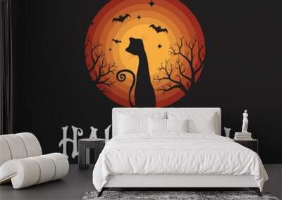 cat with bats flying in halloween scene Wall mural