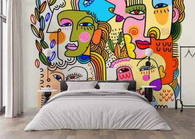 Colorful abstract faces portrait decorative drawing hand drawn vector illustration wall art decoration background. Wall mural