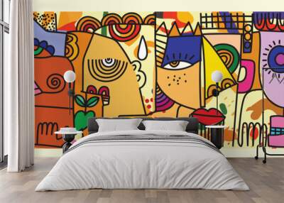 Colorful abstract people face shapes with portraits as a cubism wall art vector illustration. Concept of creative shapes geometric flat person. Wall mural