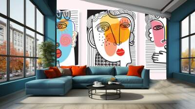 Set of abstract face portrait hand drawing, line art, black and white cubism style vector illustration. Wall mural