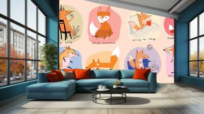 Set of cute fox and wolf cartoon hand drawn vintage style vector illustration. Wall mural