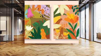 Set of exotic floral, flowers and plants abstract hand drawn vector background. Wall mural