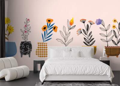 Set of house plants and flowers in pots, vases vector illustration. Home garden concept in flat design. Wall mural