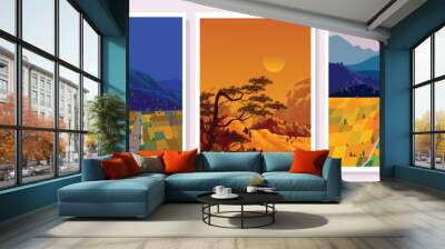 Set of landscape view vector background illustration. Panorama mountains range, lake, river, beach silhouettes template. Wall mural