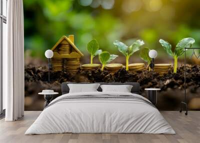 Golden House Growing In Soil With Green Plants Illustration Wall mural