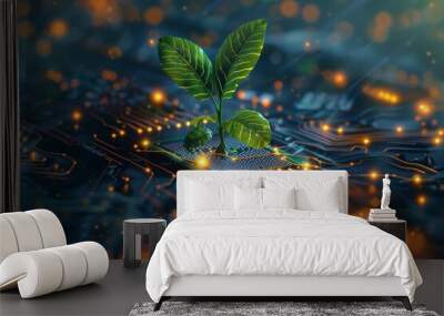 illustration of glowing plant growing on computer chip representing digital ecology business and blurred background Wall mural